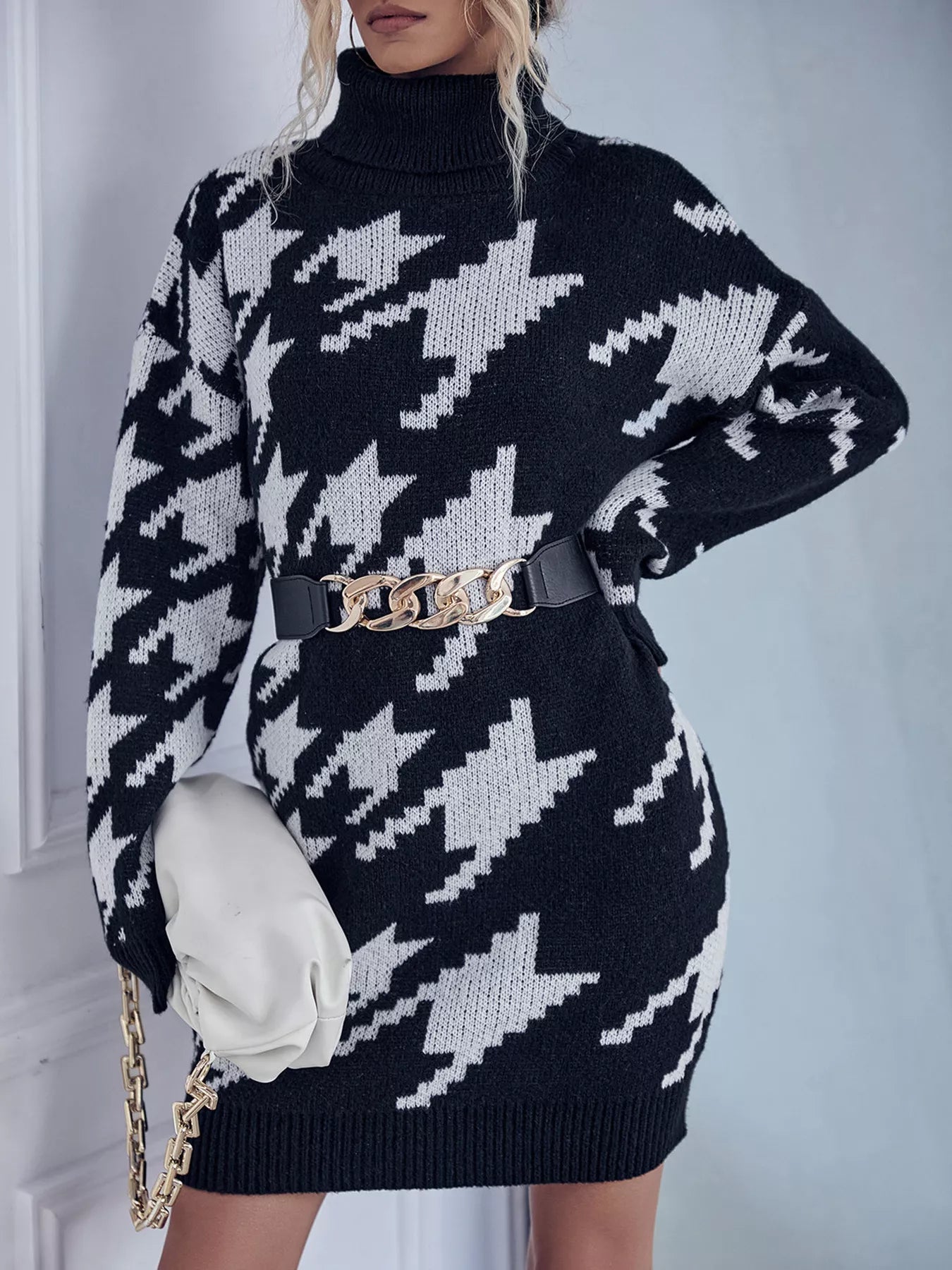 Houndstooth Pattern Turtleneck Sweater Dress - Flip Flop Dynasty