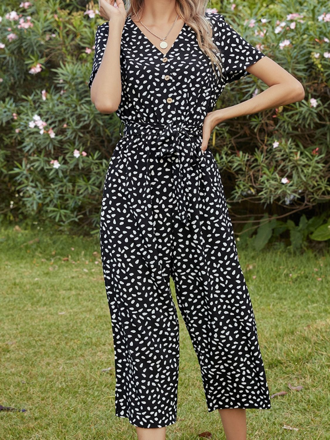 Ivy Lane Printed V - Neck Short Sleeve Jumpsuit - Flip Flop Dynasty