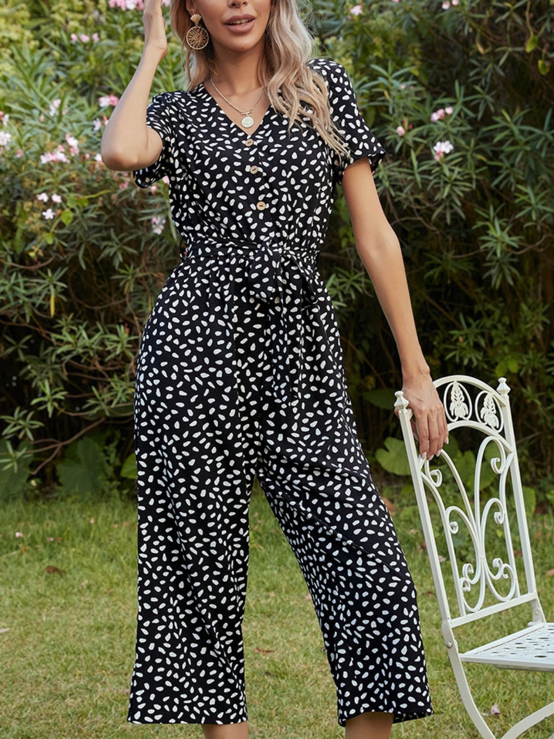 Ivy Lane Printed V - Neck Short Sleeve Jumpsuit - Flip Flop Dynasty