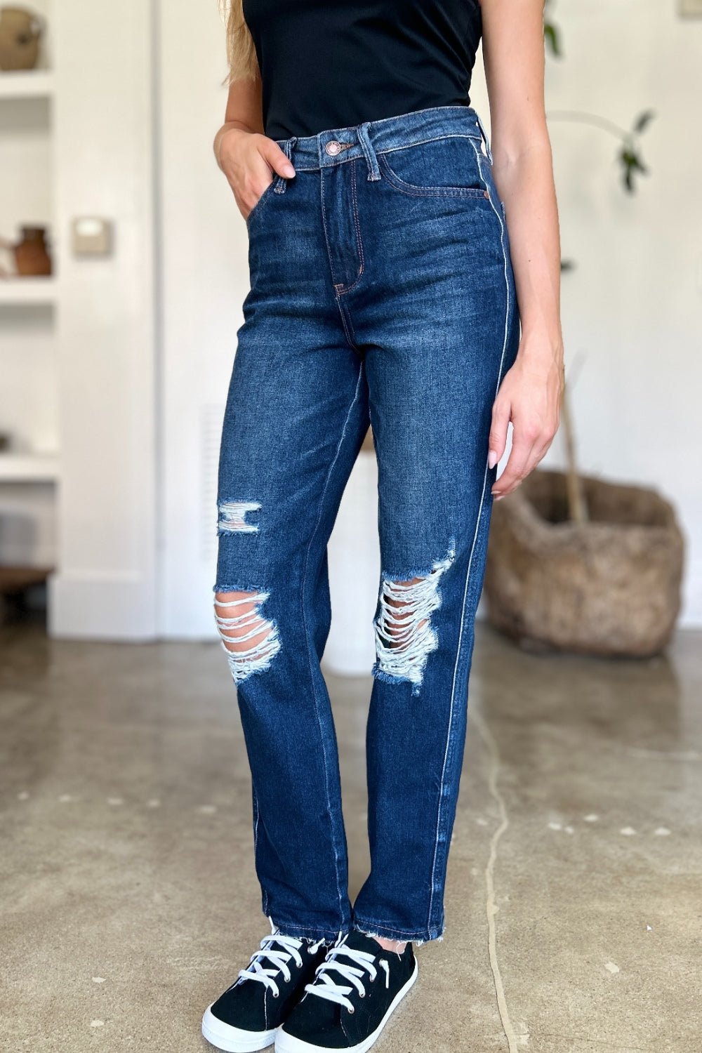 Judy Blue Full Size High Waist Rigid Magic Heavy Destroy Straight Jeans - Flip Flop Dynasty