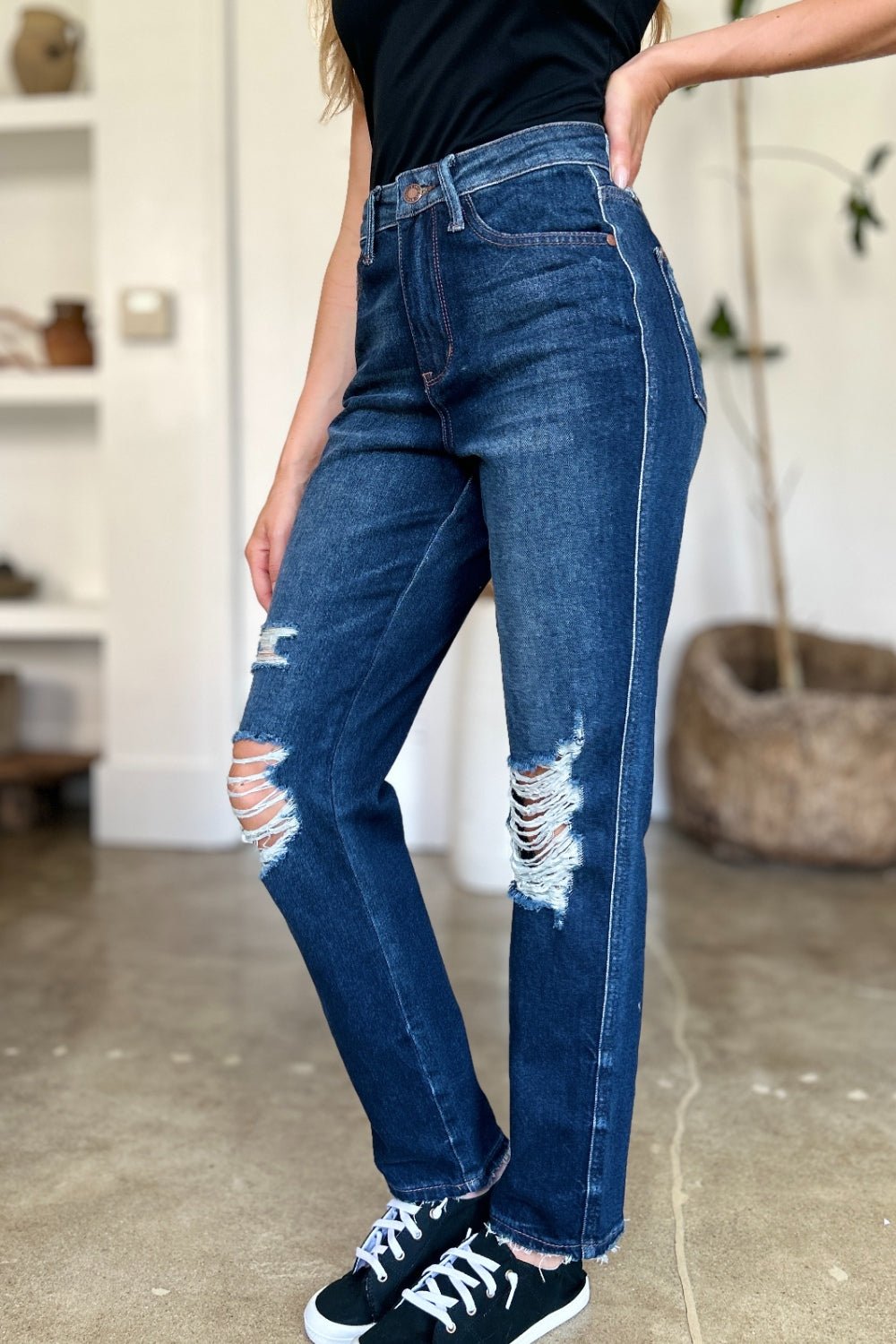 Judy Blue Full Size High Waist Rigid Magic Heavy Destroy Straight Jeans - Flip Flop Dynasty