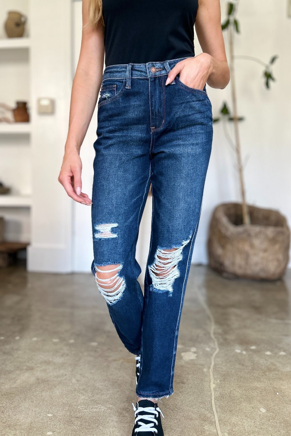 Judy Blue Full Size High Waist Rigid Magic Heavy Destroy Straight Jeans - Flip Flop Dynasty