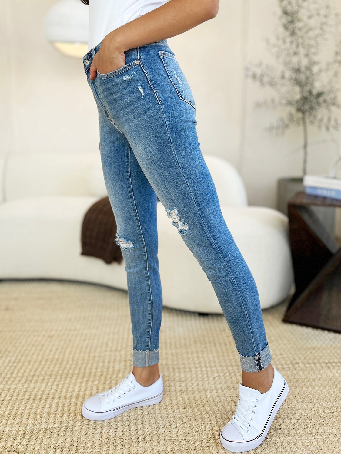 Judy Blue Full Size Mid Rise Destroy & Cuff Skinny Jeans - Flip Flop Dynasty