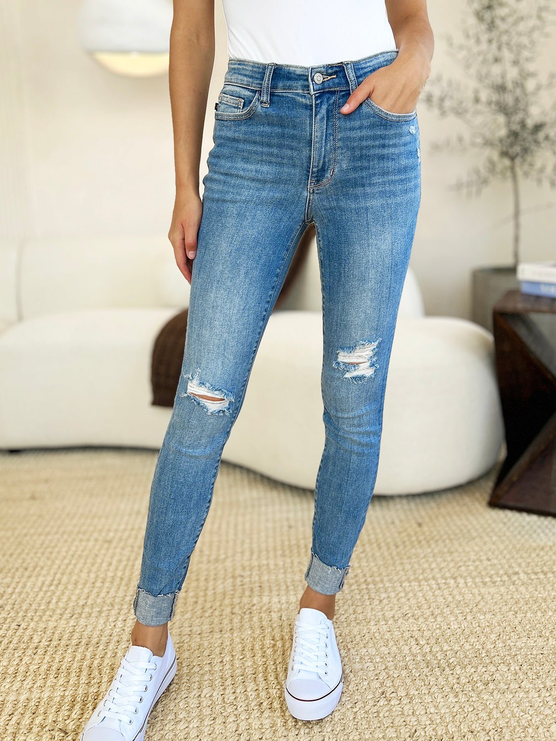 Judy Blue Full Size Mid Rise Destroy & Cuff Skinny Jeans - Flip Flop Dynasty
