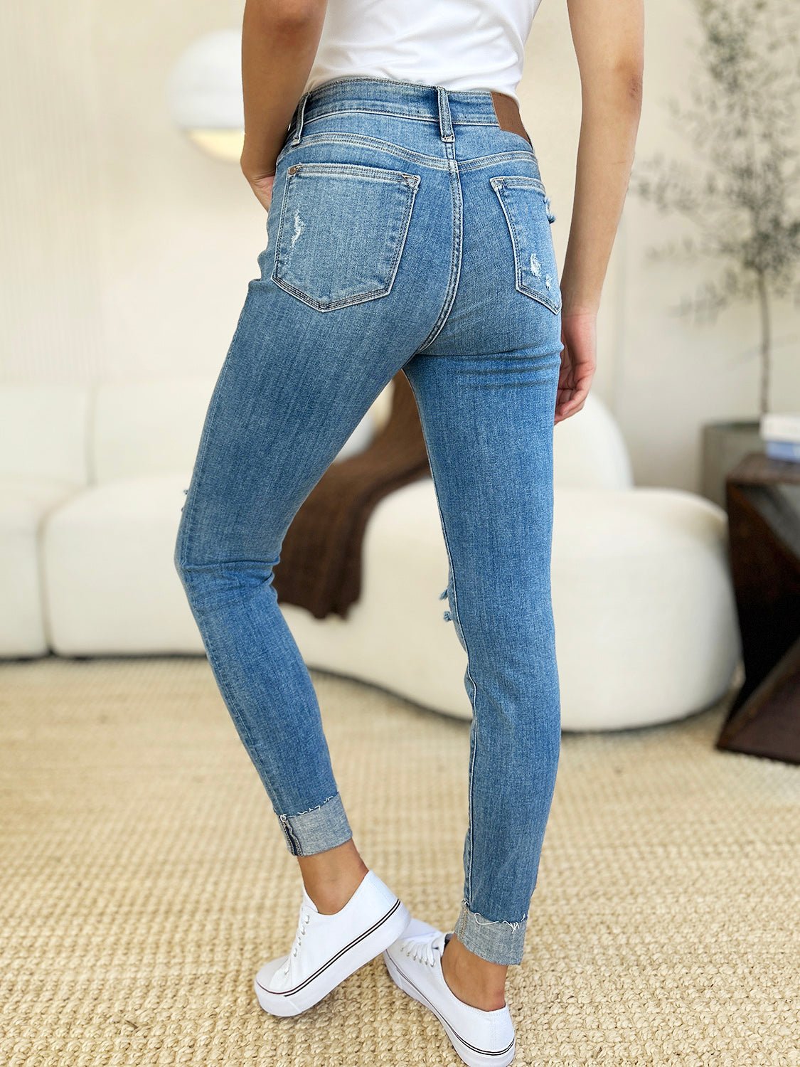 Judy Blue Full Size Mid Rise Destroy & Cuff Skinny Jeans - Flip Flop Dynasty