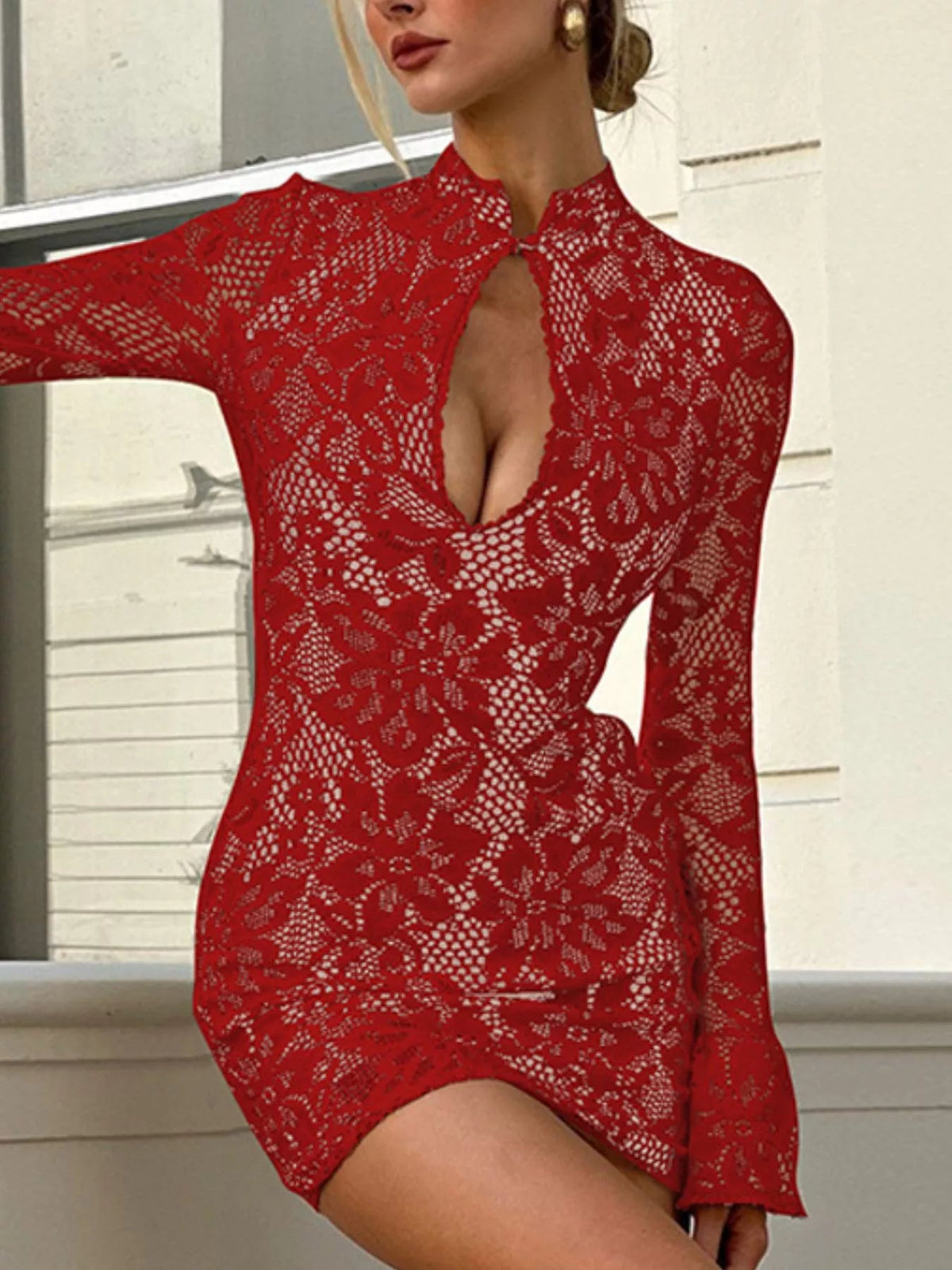 Lace Cut-Out Long Sleeve Mini Dress - Flip Flop Dynasty
