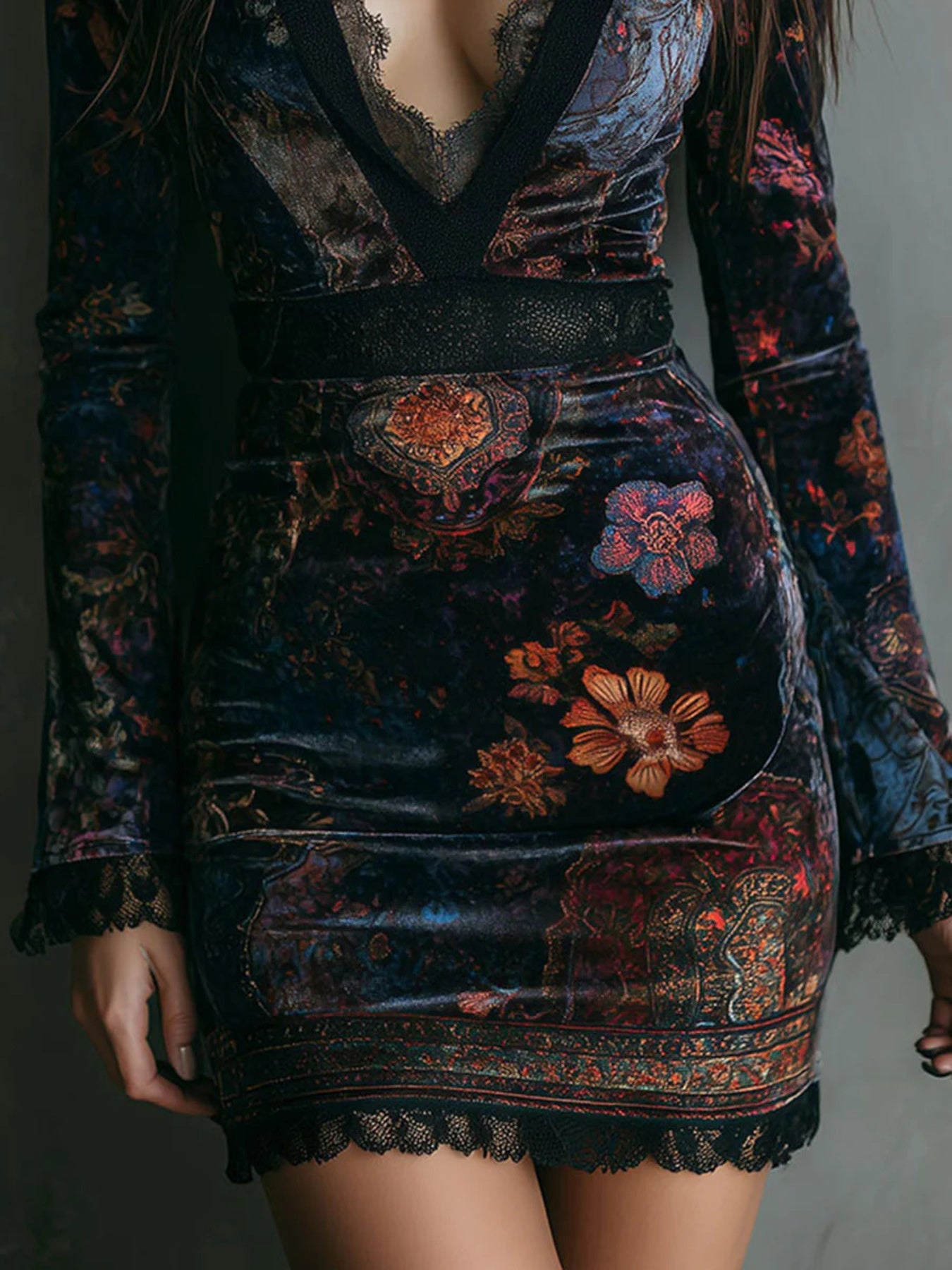 Lace Detail Floral Velvet Mini Dress - Flip Flop Dynasty