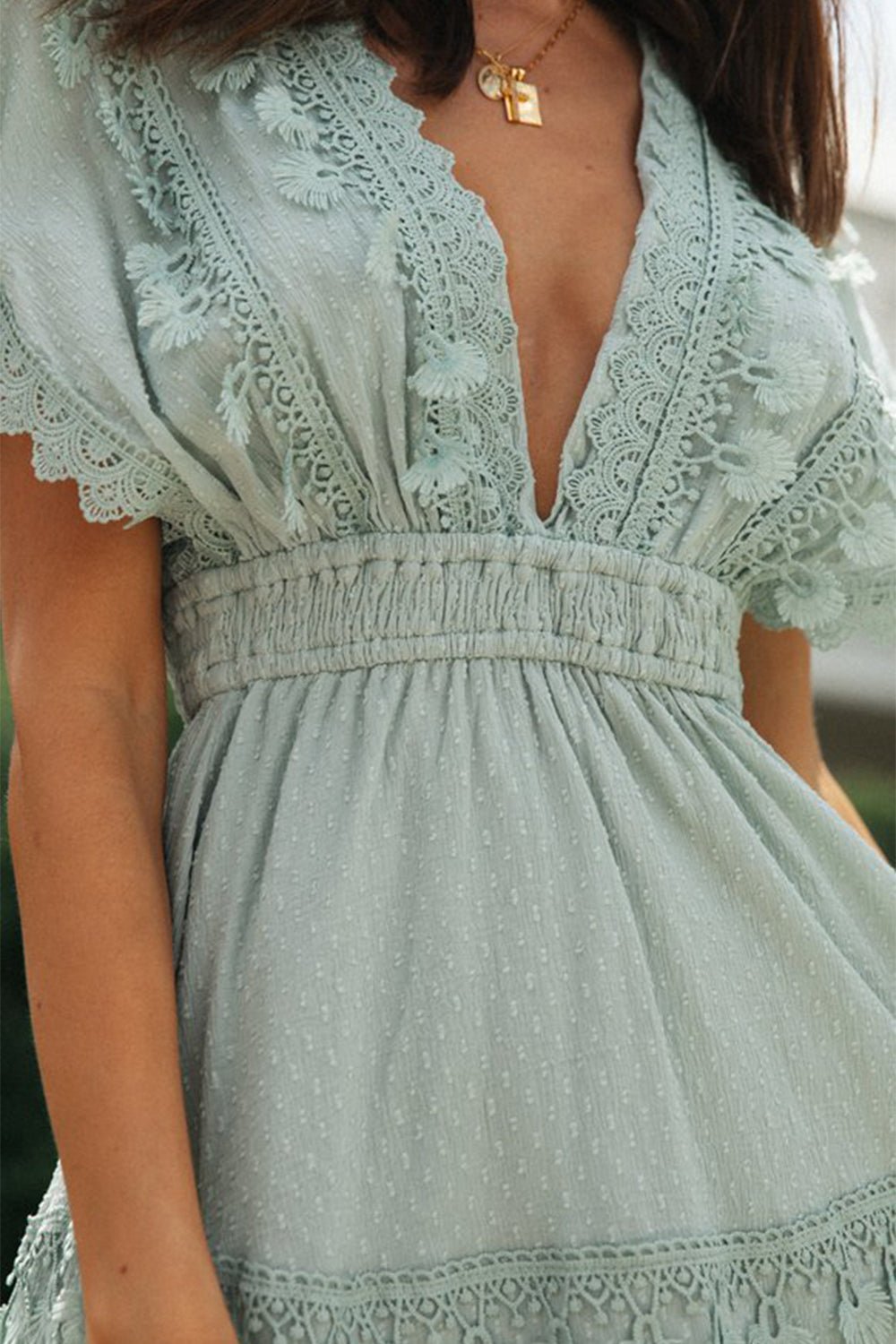 Lace Detail Plunge Short Sleeve Mini Dress - Flip Flop Dynasty