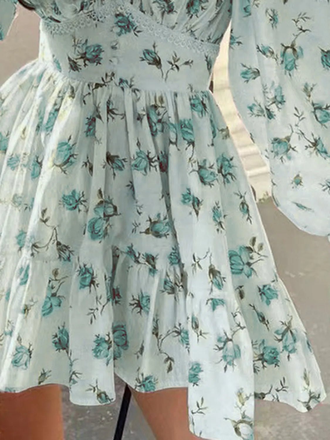 Lace Detail V - Neck Balloon Sleeve Dress - Flip Flop Dynasty