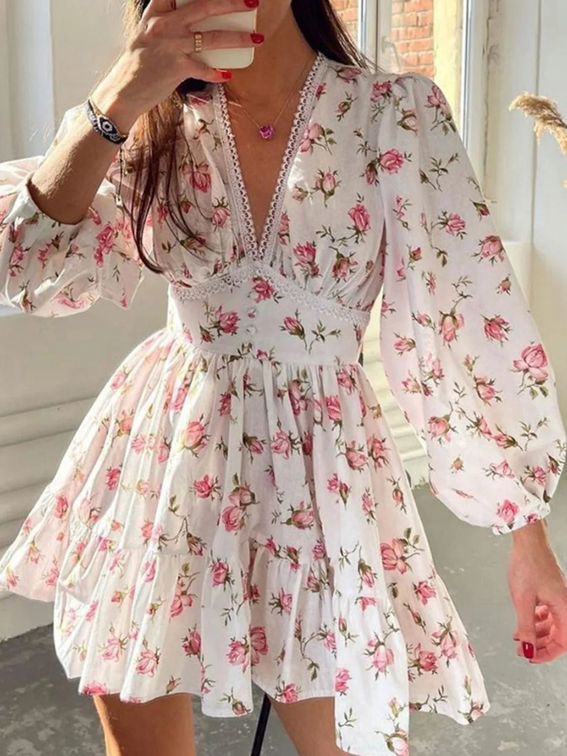 Lace Detail V - Neck Balloon Sleeve Dress - Flip Flop Dynasty