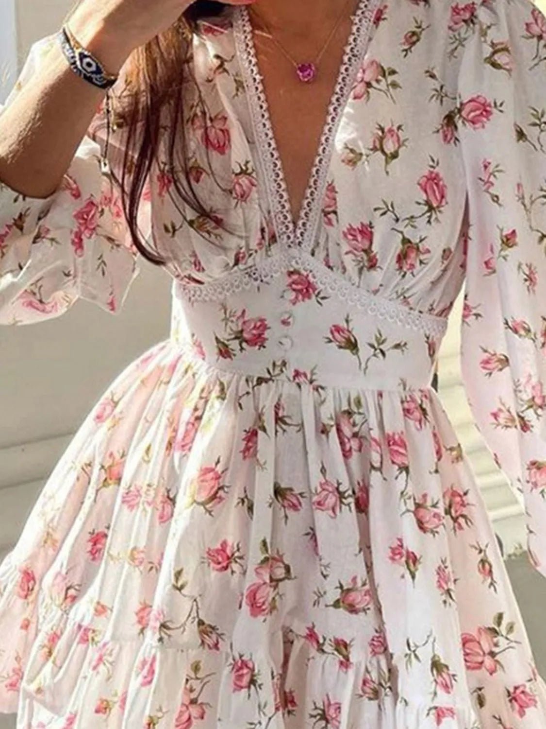 Lace Detail V - Neck Balloon Sleeve Dress - Flip Flop Dynasty