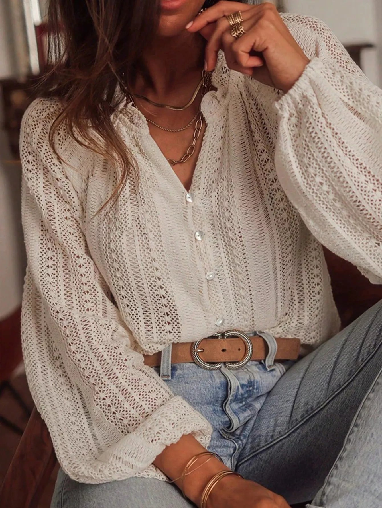 Lace Notched Long Sleeve Shirt - Flip Flop Dynasty
