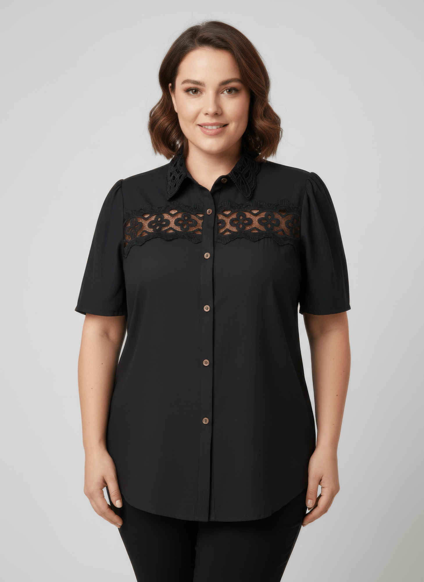 Lace Panel Button-front Collared Blouse - Flip Flop Dynasty