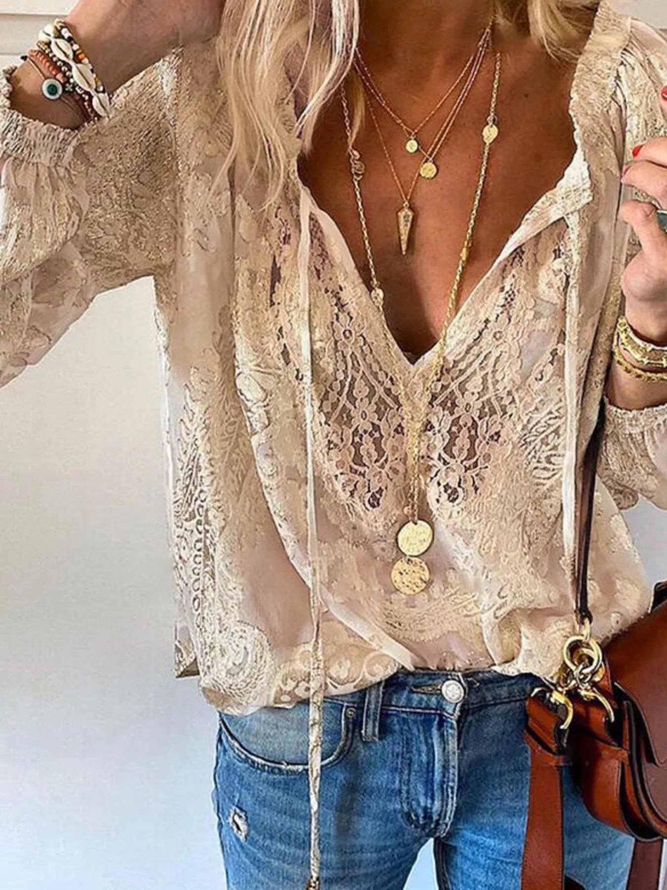 Lace Tie - Neck Blouse - Flip Flop Dynasty