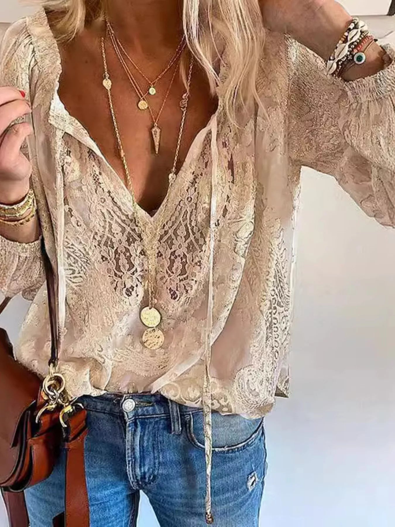 Lace Tie - Neck Blouse - Flip Flop Dynasty