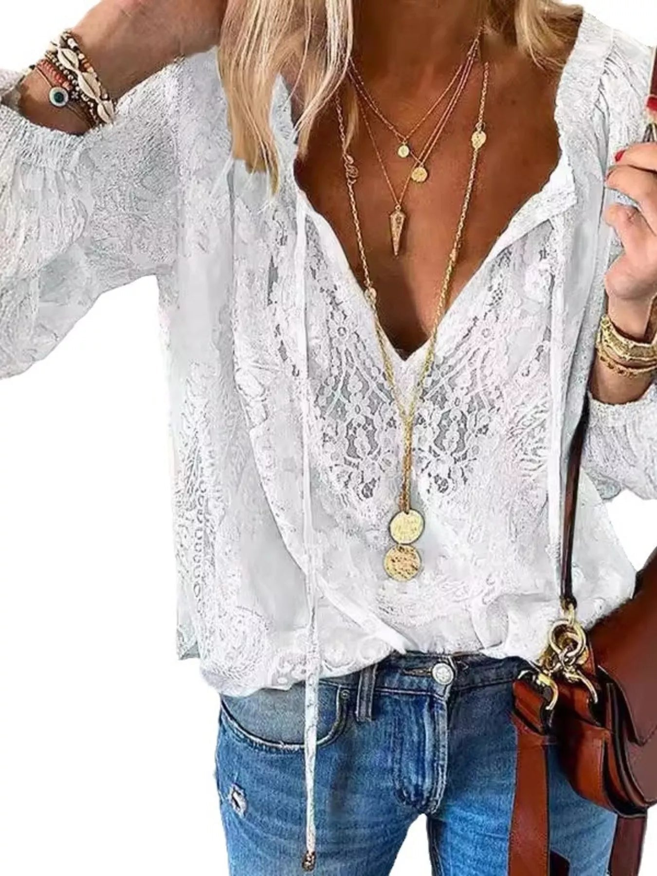Lace Tie - Neck Blouse - Flip Flop Dynasty