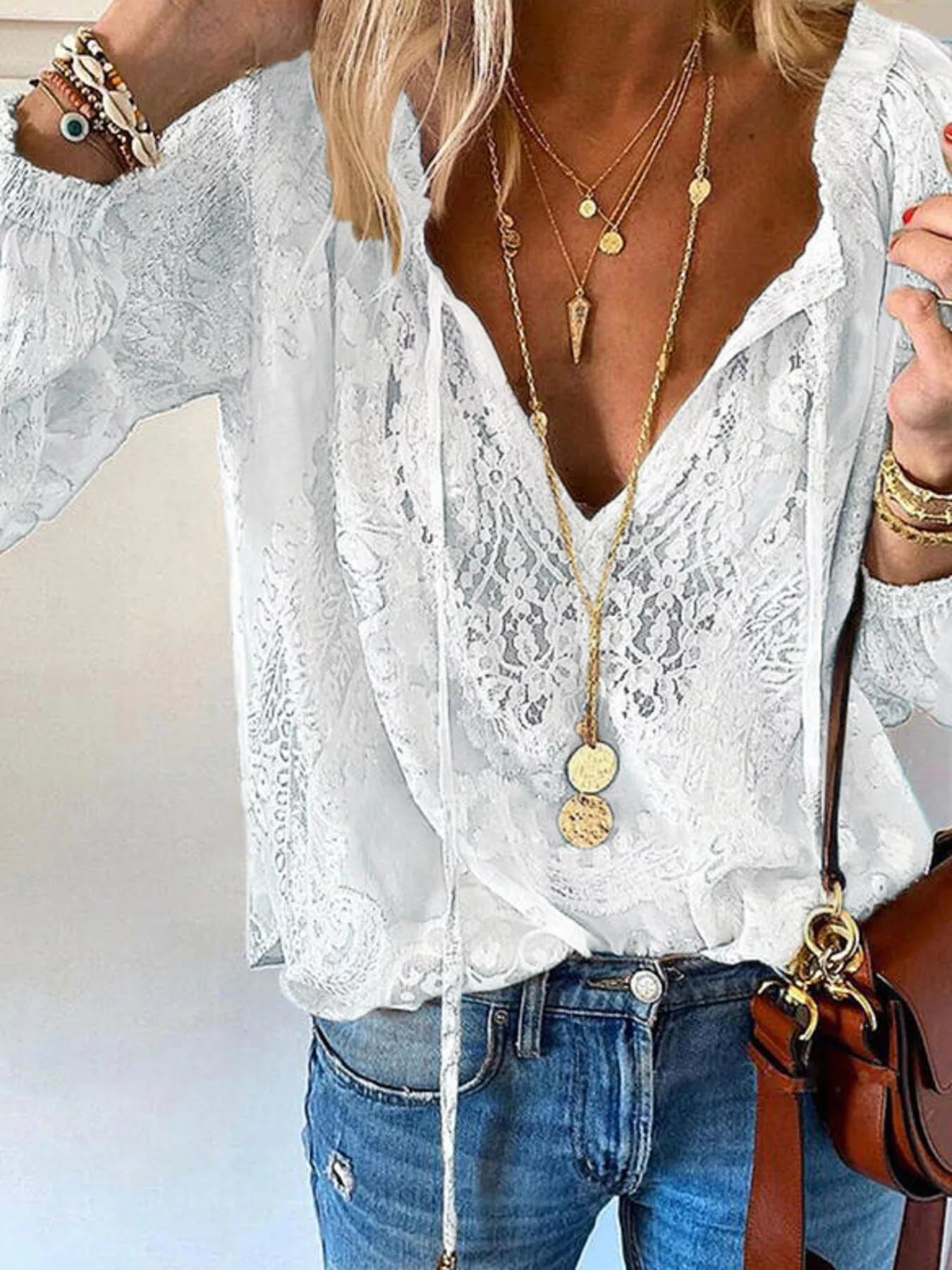 Lace Tie - Neck Blouse - Flip Flop Dynasty