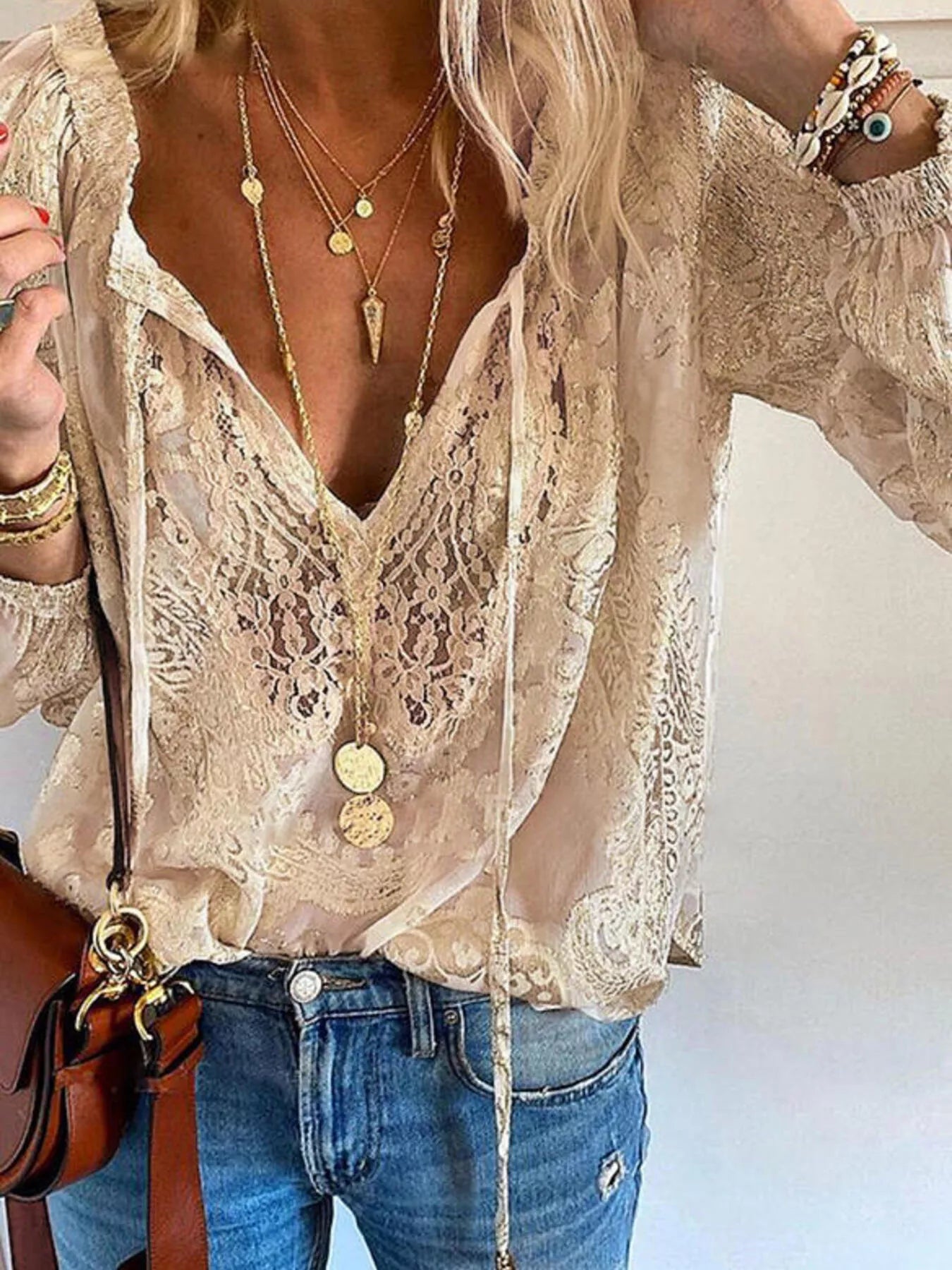 Lace Tie - Neck Blouse - Flip Flop Dynasty