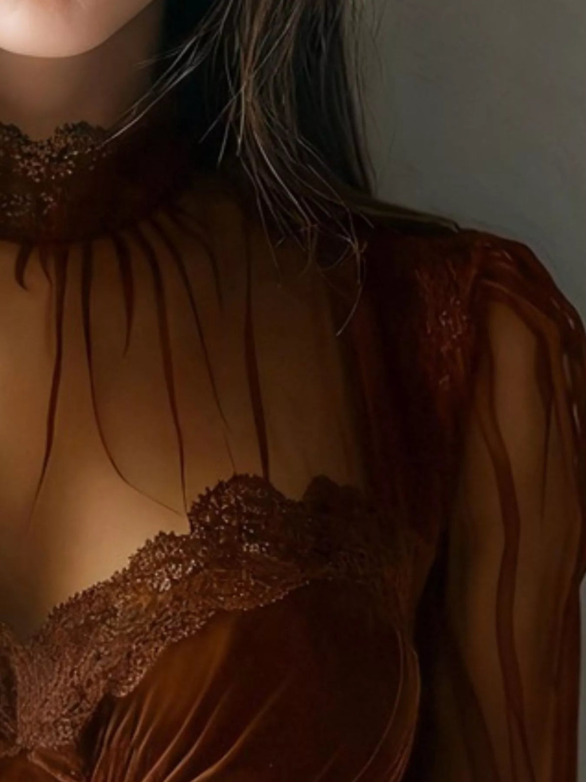 Lace Trim Velvet Sheer Sleeve Blouse - Flip Flop Dynasty