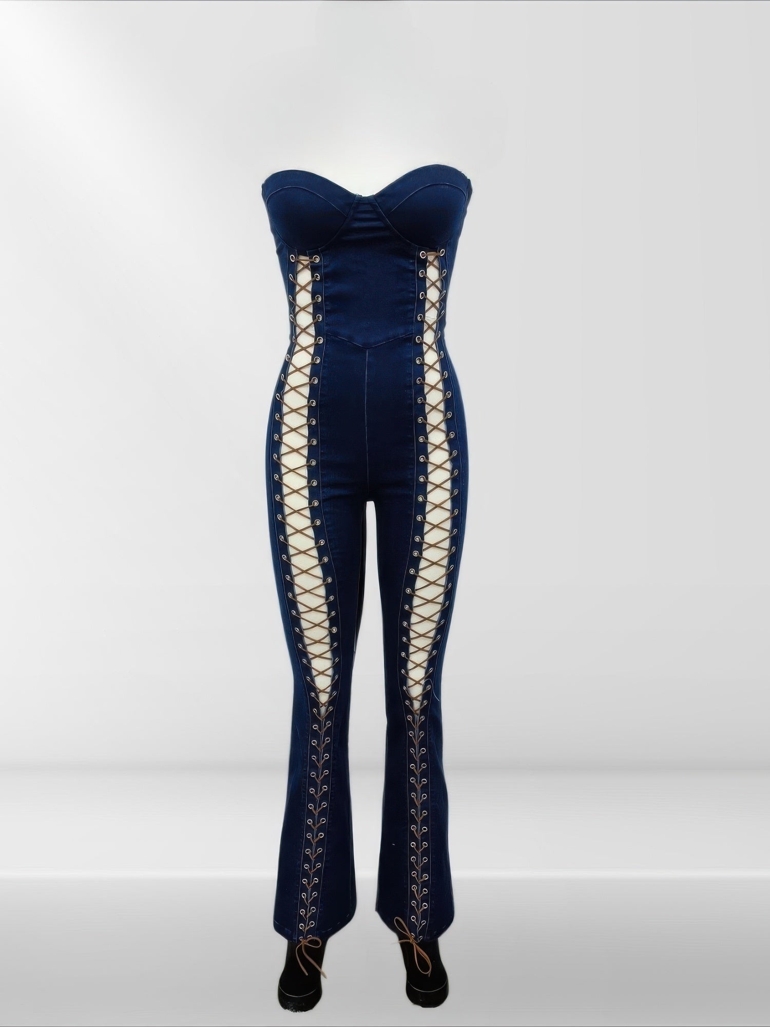Lace Up Detail Denim Jumpsuit - Flip Flop Dynasty