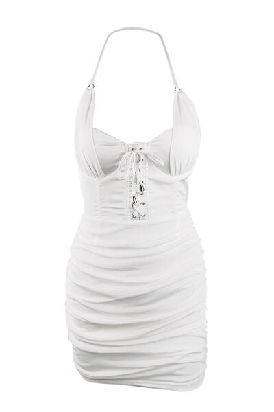 Lace - Up Ruched Halter Neck Wrap Dress - Flip Flop Dynasty