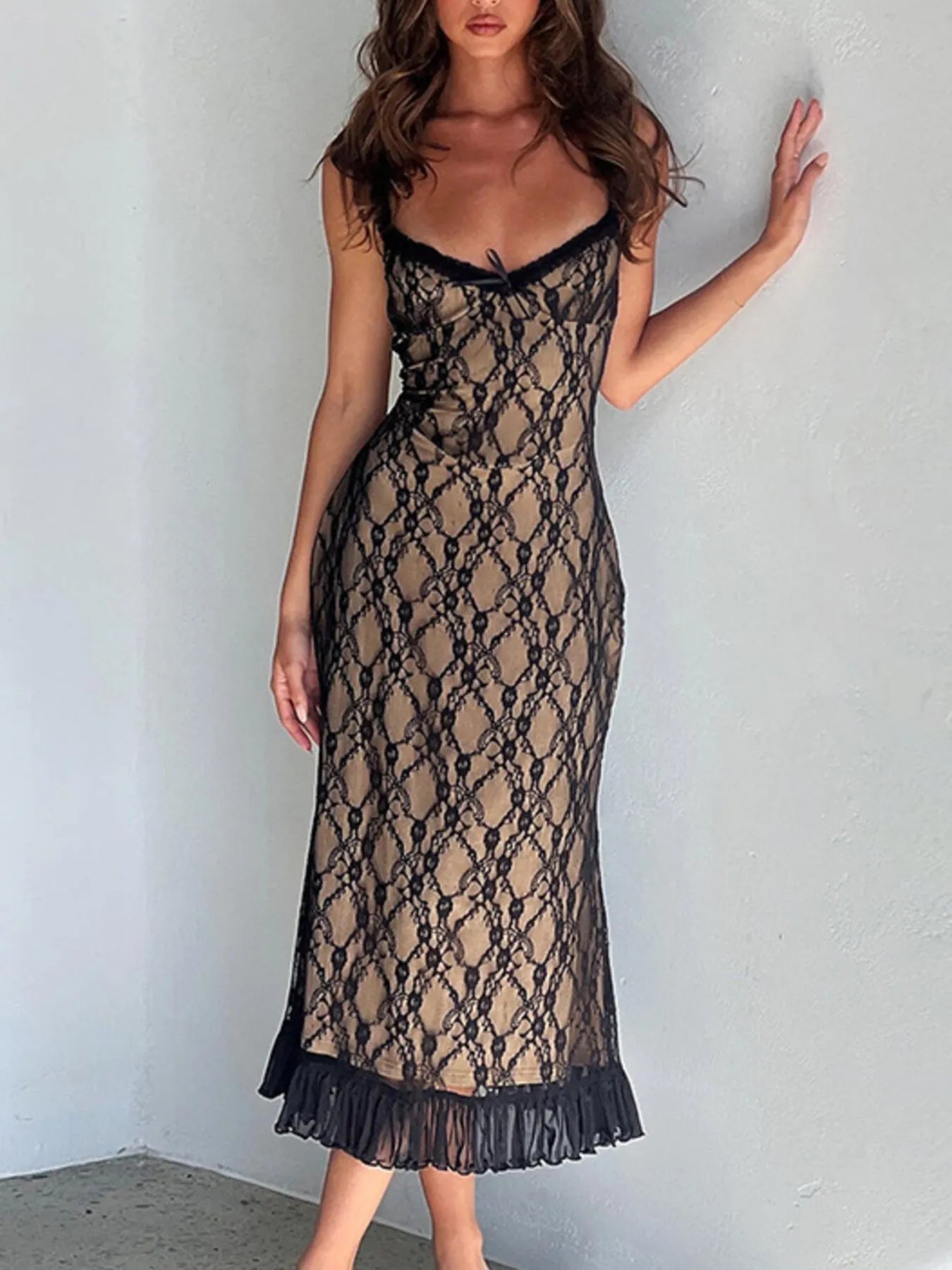Lace V - Neck Midi Cami Dress - Flip Flop Dynasty