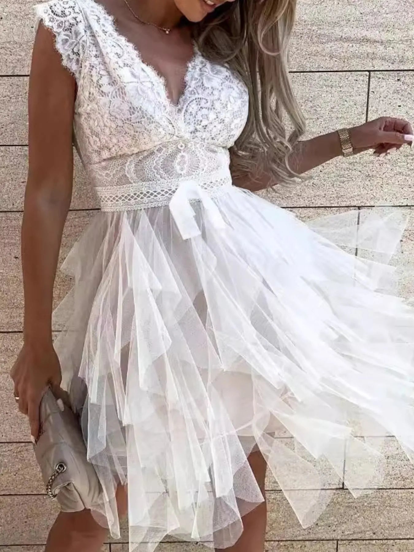 Lace V - Neck Ruffle Dress - Flip Flop Dynasty