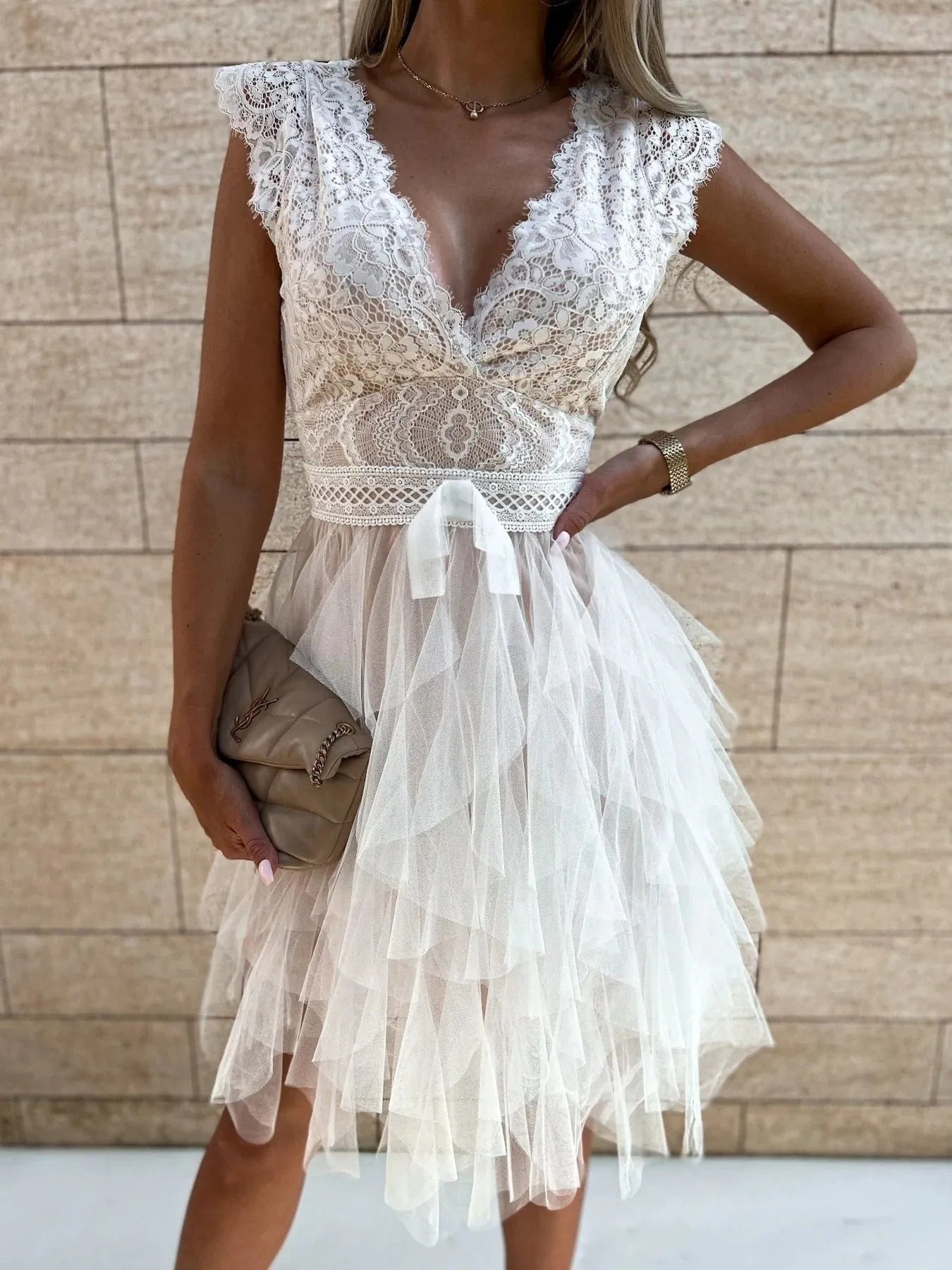 Lace V - Neck Ruffle Dress - Flip Flop Dynasty