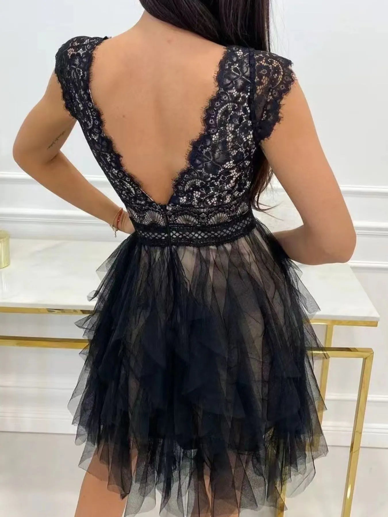 Lace V - Neck Ruffle Dress - Flip Flop Dynasty