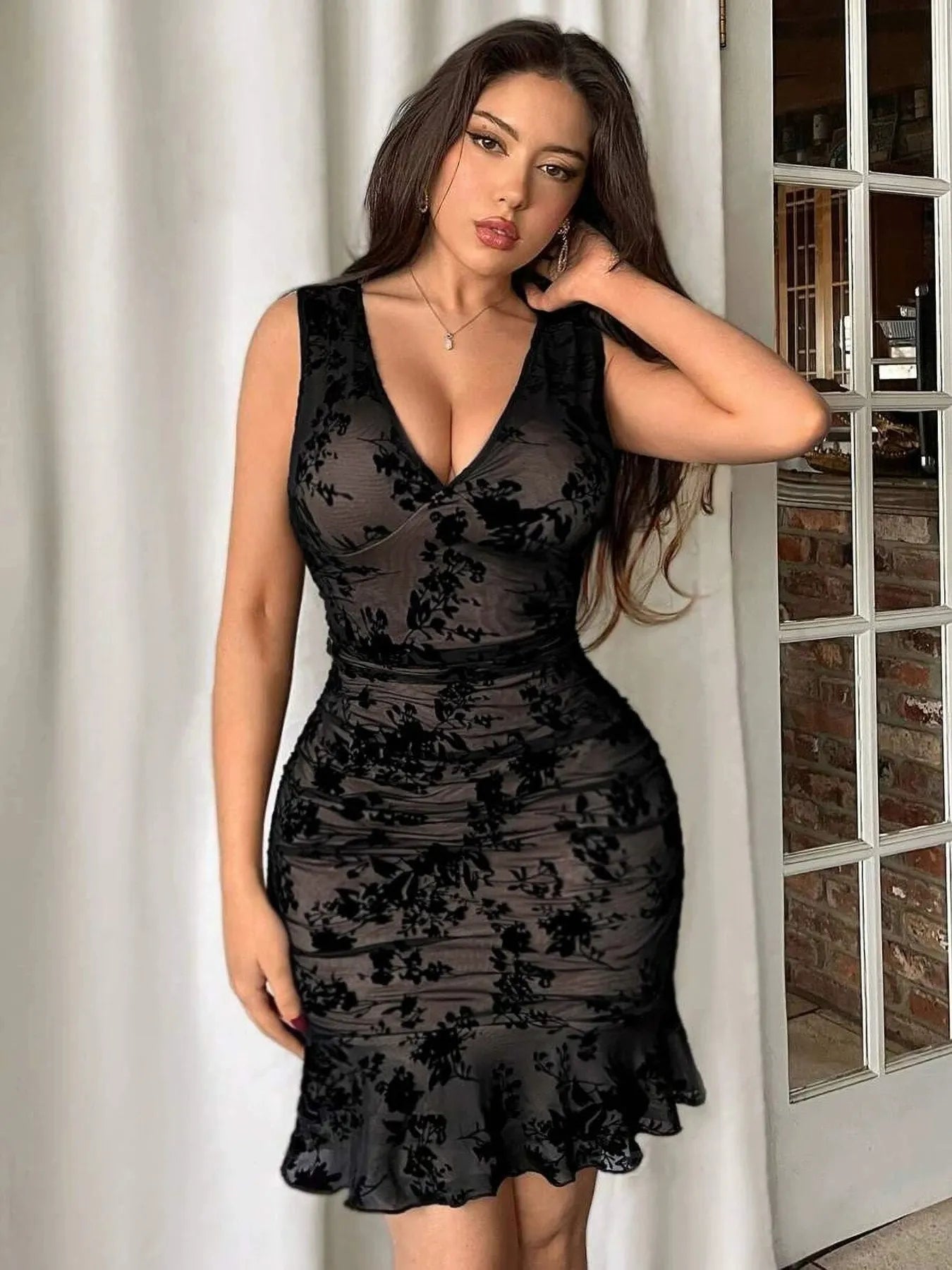Lace V - Neck Sleeveless Bodycon Ruffle Hem Dress - Flip Flop Dynasty