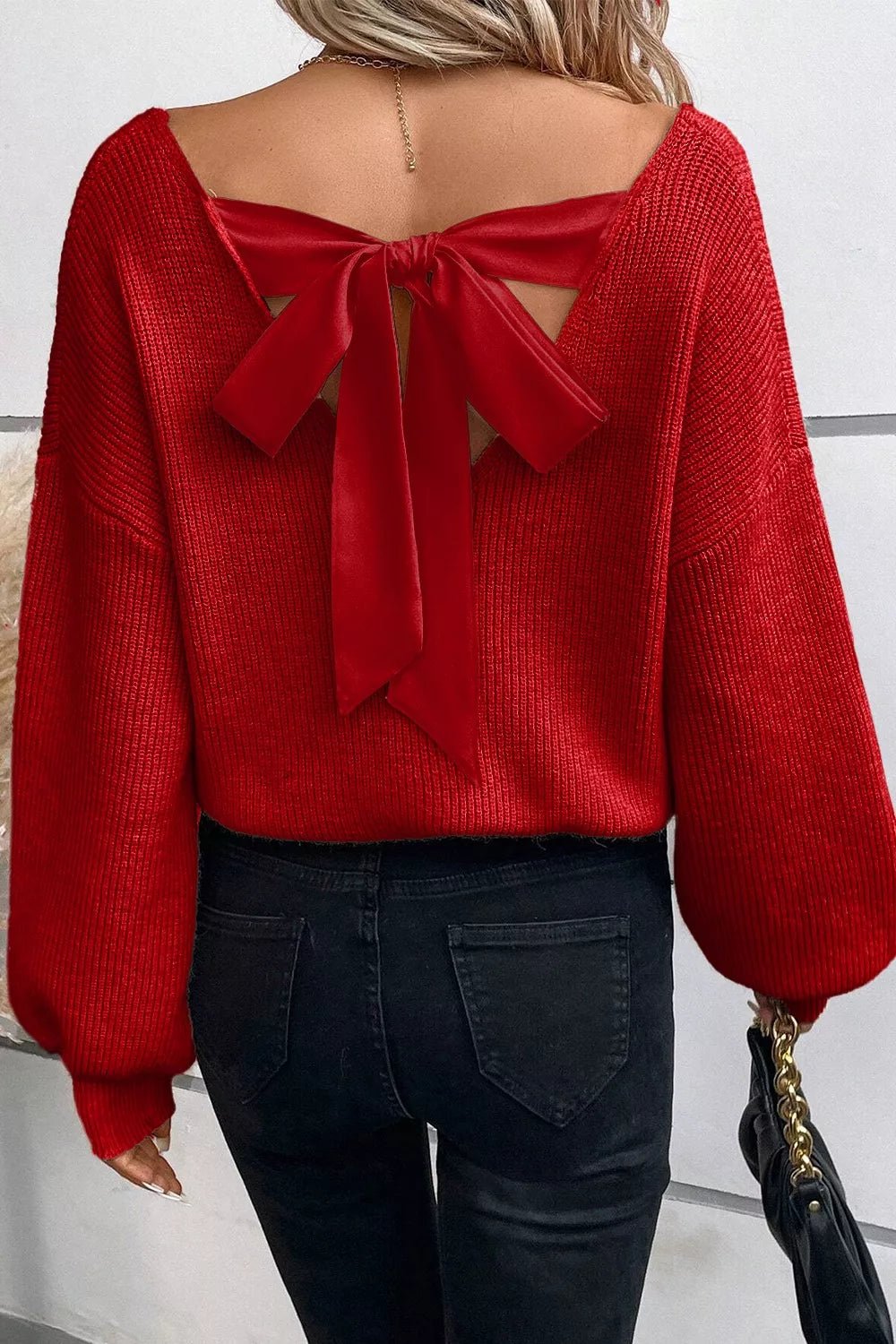 Lantern Sleeve V Neck Knot Back Sweater - Flip Flop Dynasty