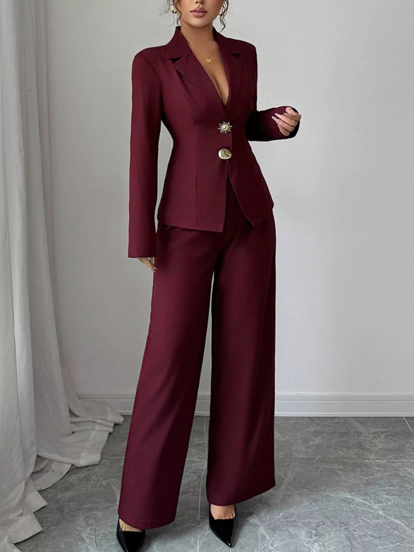 Lapel Collar Blazer & Wide Leg Pants Set - Flip Flop Dynasty