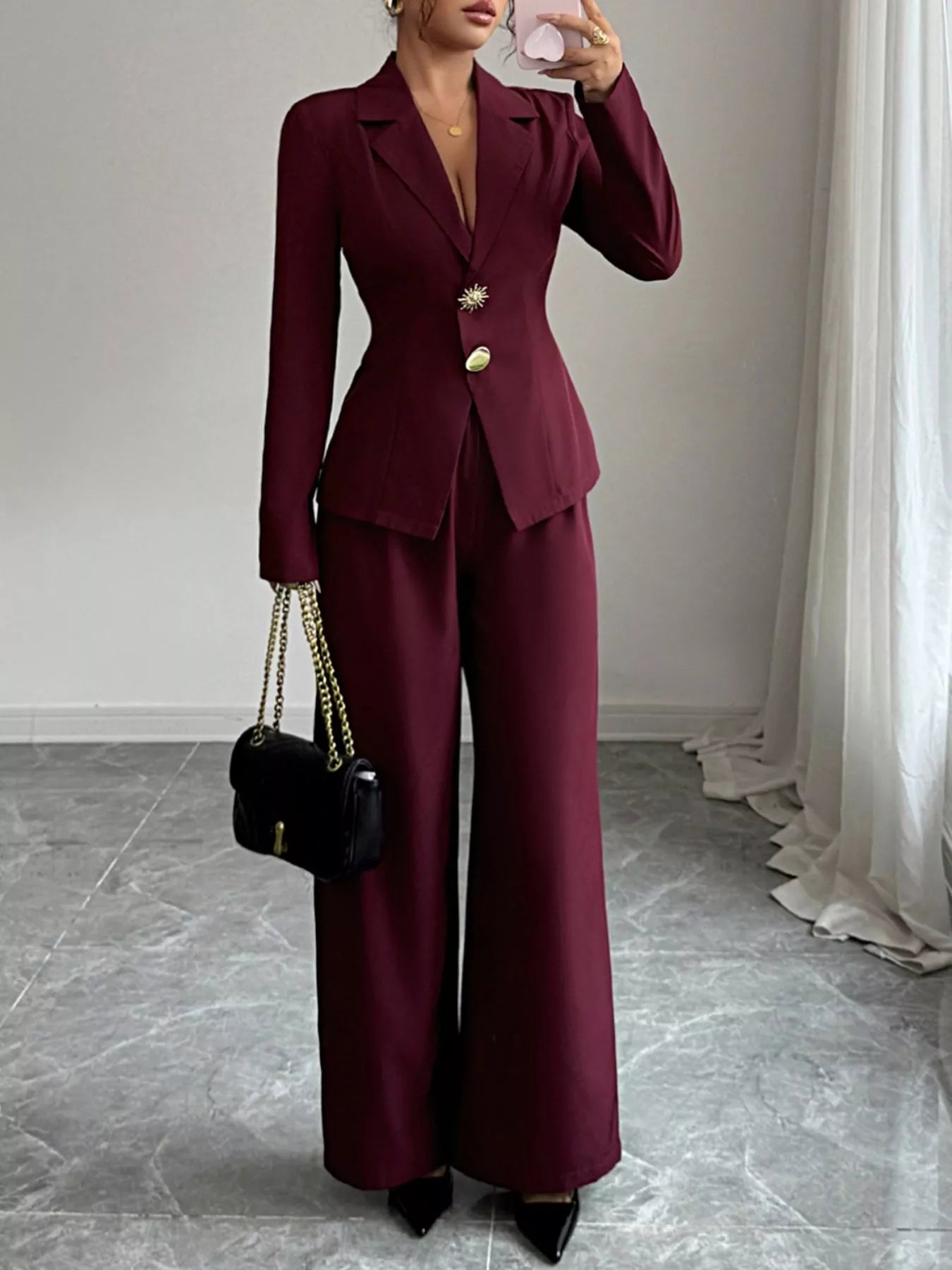 Lapel Collar Blazer & Wide Leg Pants Set - Flip Flop Dynasty