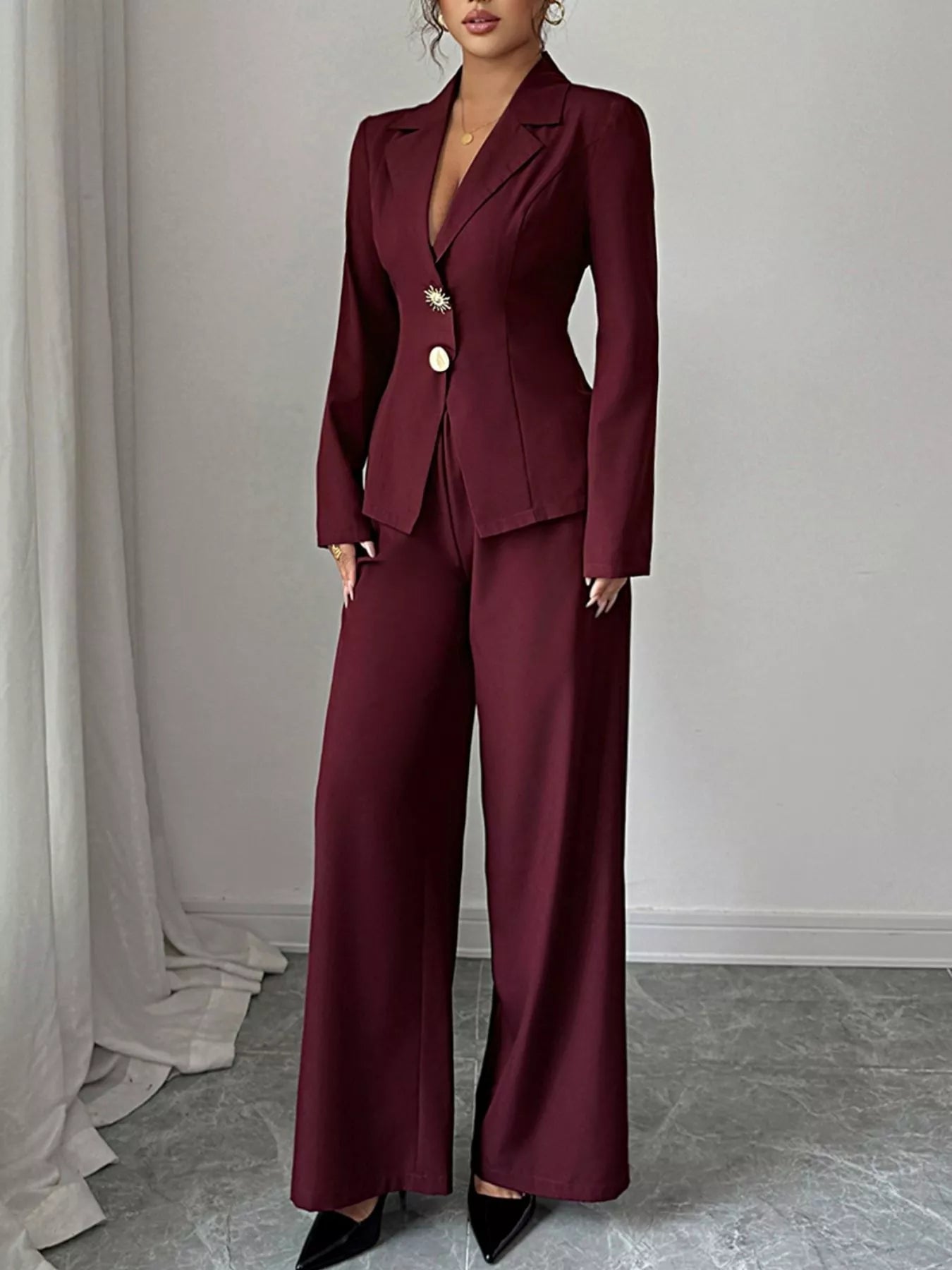 Lapel Collar Blazer & Wide Leg Pants Set - Flip Flop Dynasty