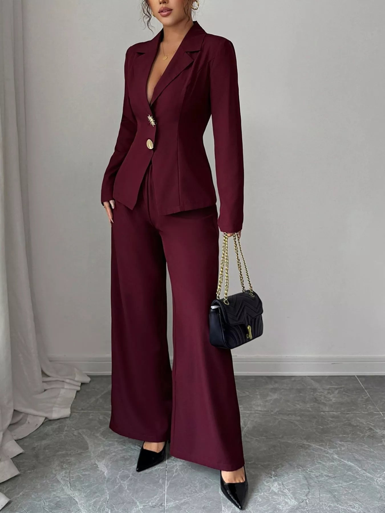 Lapel Collar Blazer & Wide Leg Pants Set - Flip Flop Dynasty