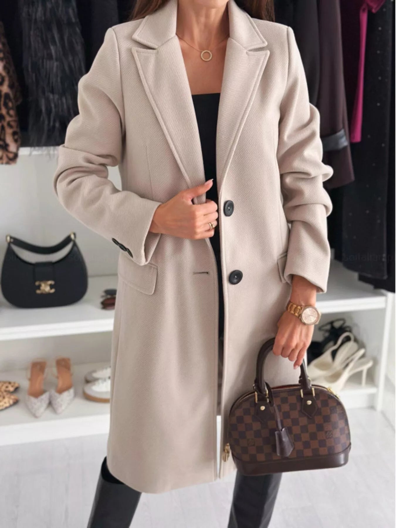 Lapel Collar Long Sleeve Coat - Flip Flop Dynasty