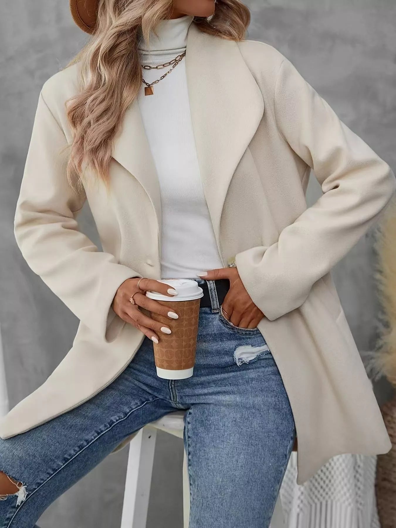 Lapel Collar Single - Button Wool Blend Overcoat - Flip Flop Dynasty