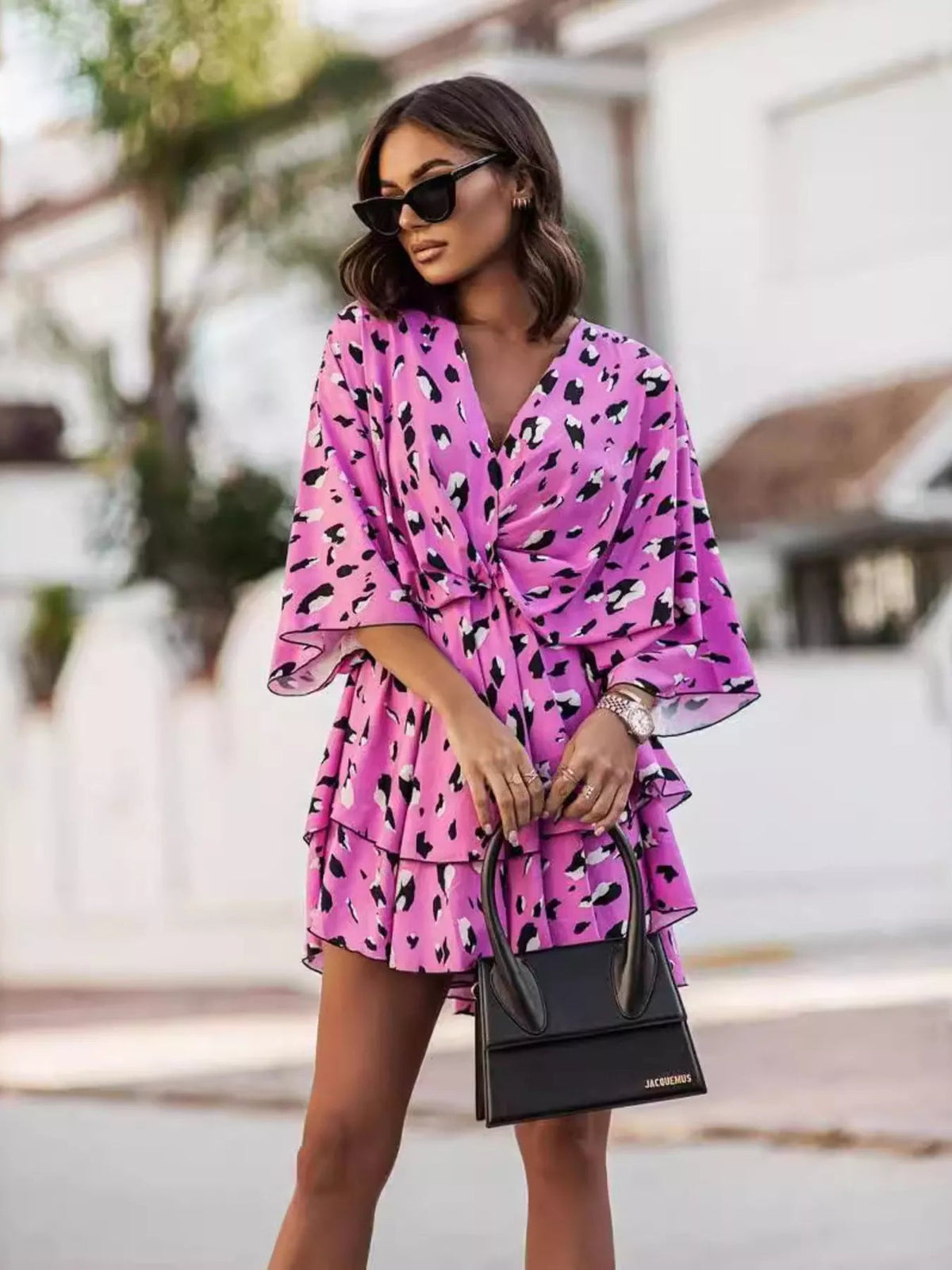 Layered Printed Surplice Mini Dress - Flip Flop Dynasty
