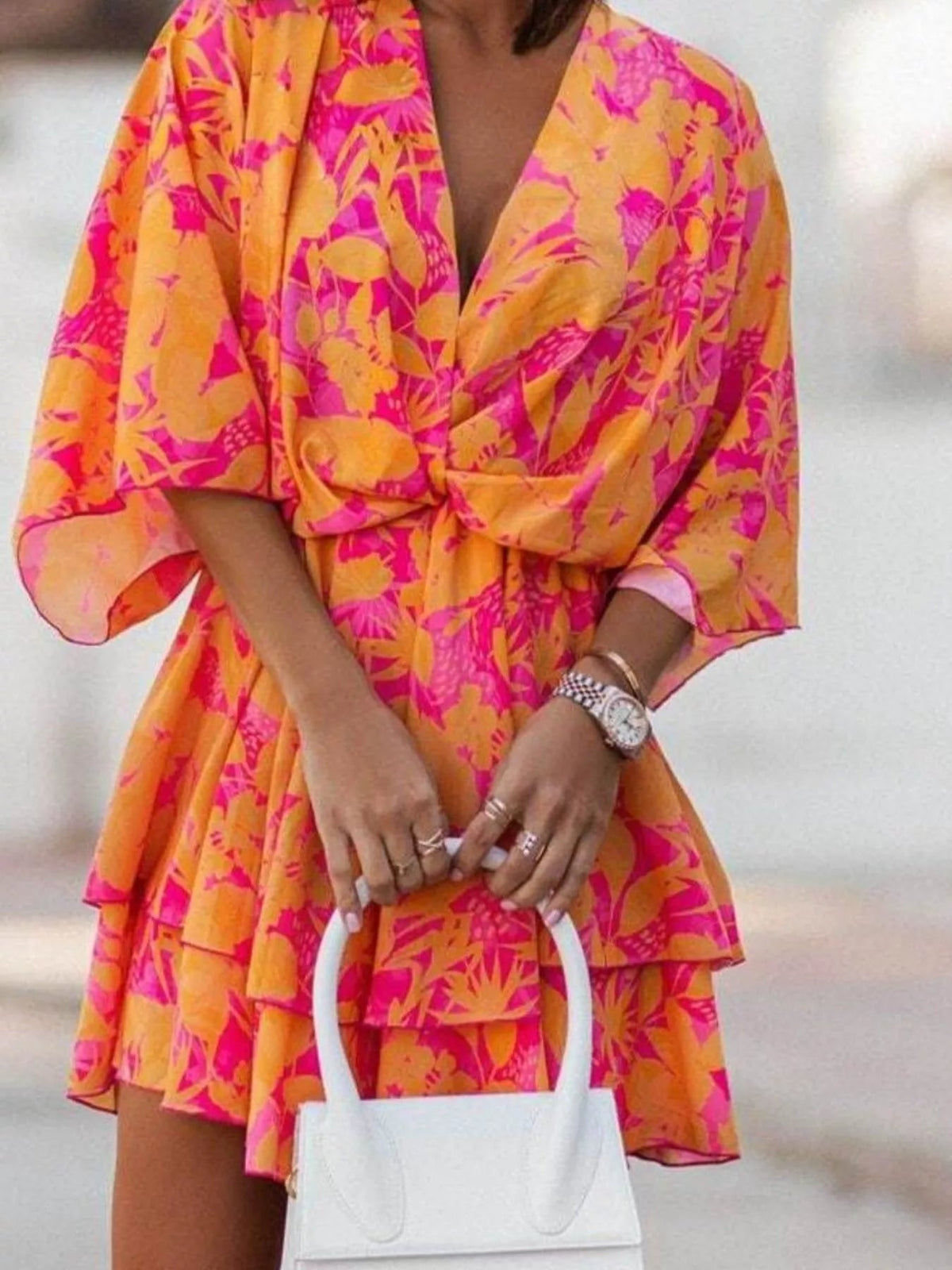 Layered Printed Surplice Mini Dress - Flip Flop Dynasty