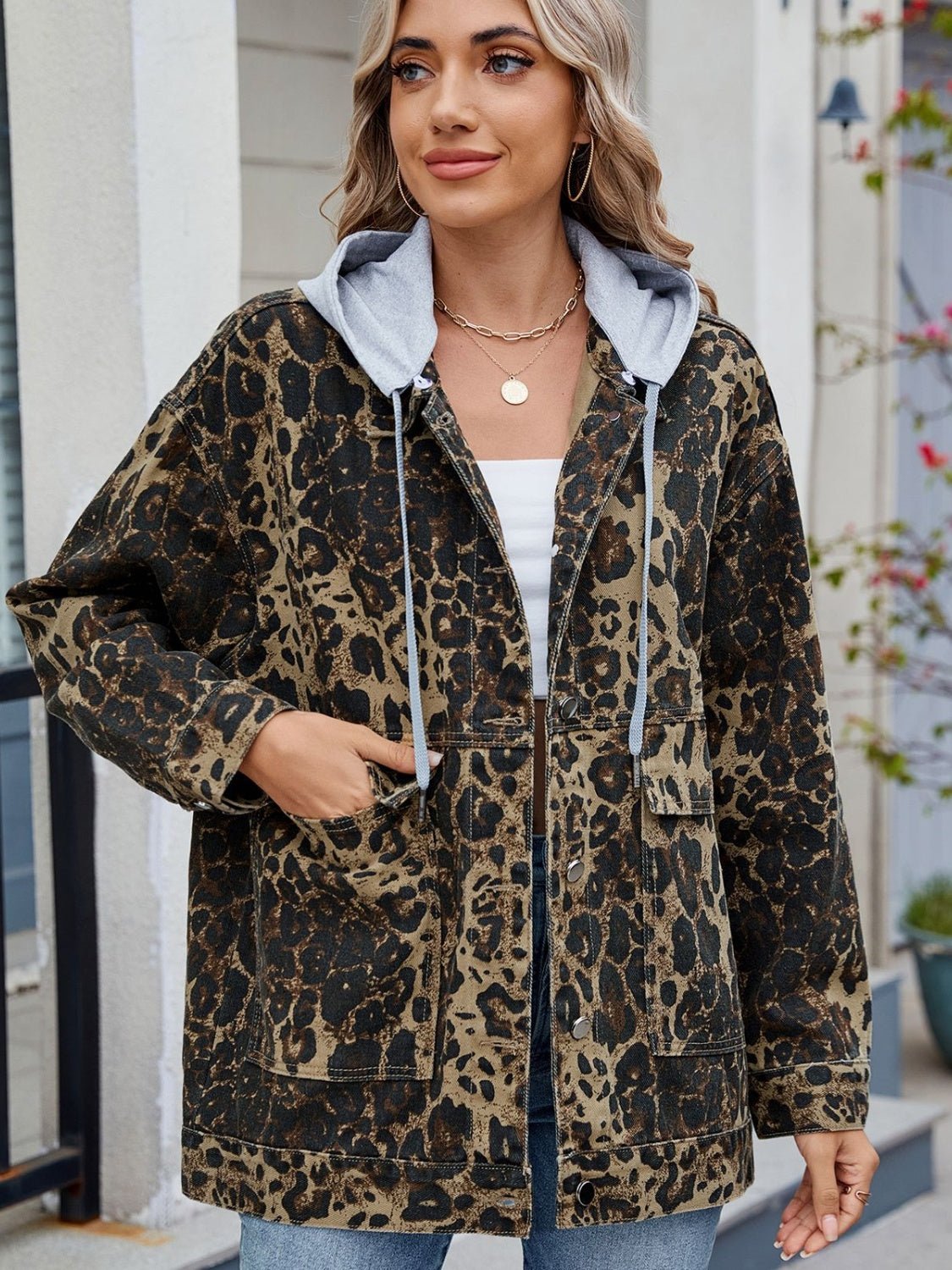 Leopard Button Up Drop Shoulder Denim Jacket - Flip Flop Dynasty