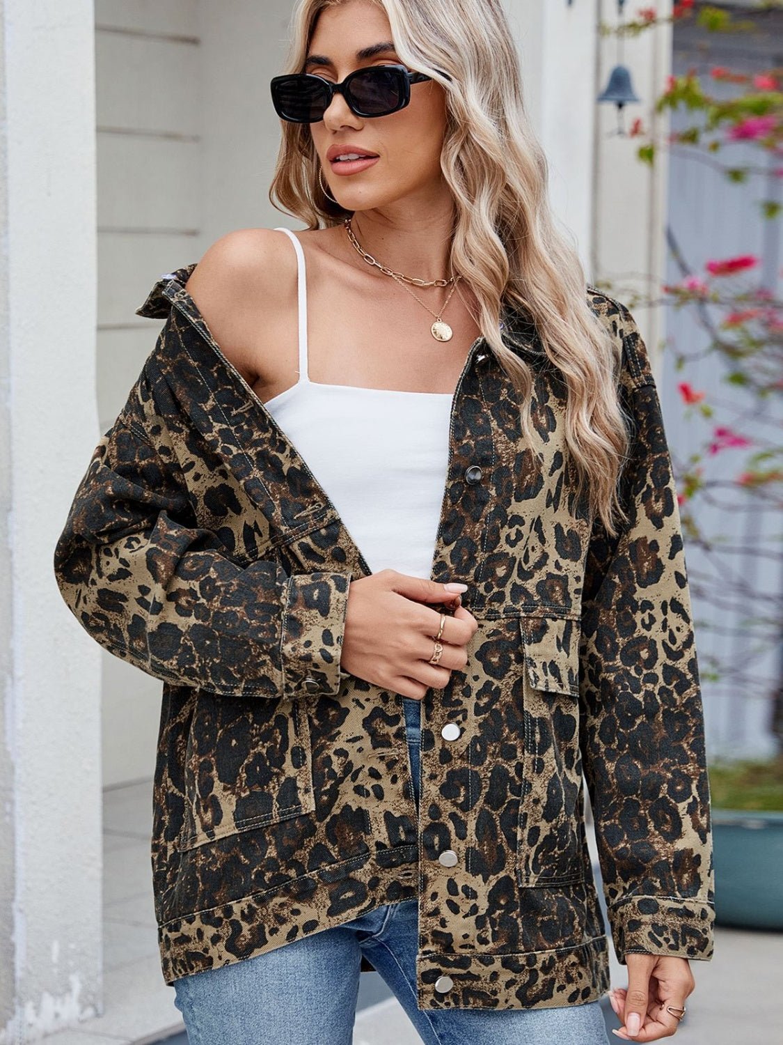 Leopard Button Up Drop Shoulder Denim Jacket - Flip Flop Dynasty