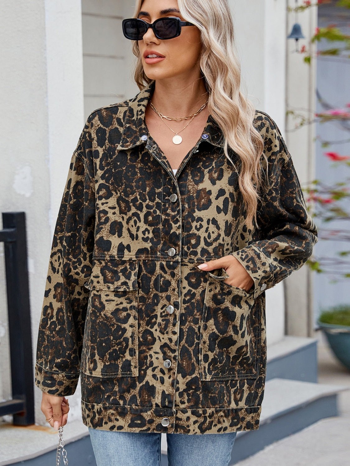 Leopard Button Up Drop Shoulder Denim Jacket - Flip Flop Dynasty