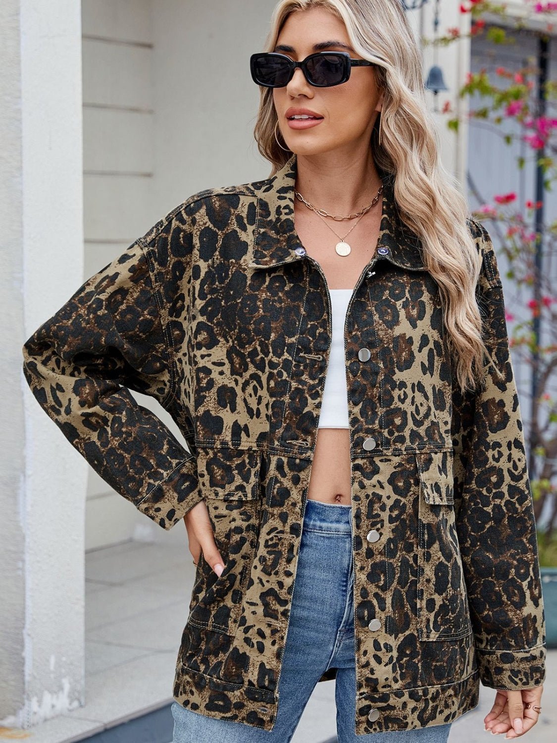 Leopard Button Up Drop Shoulder Denim Jacket - Flip Flop Dynasty