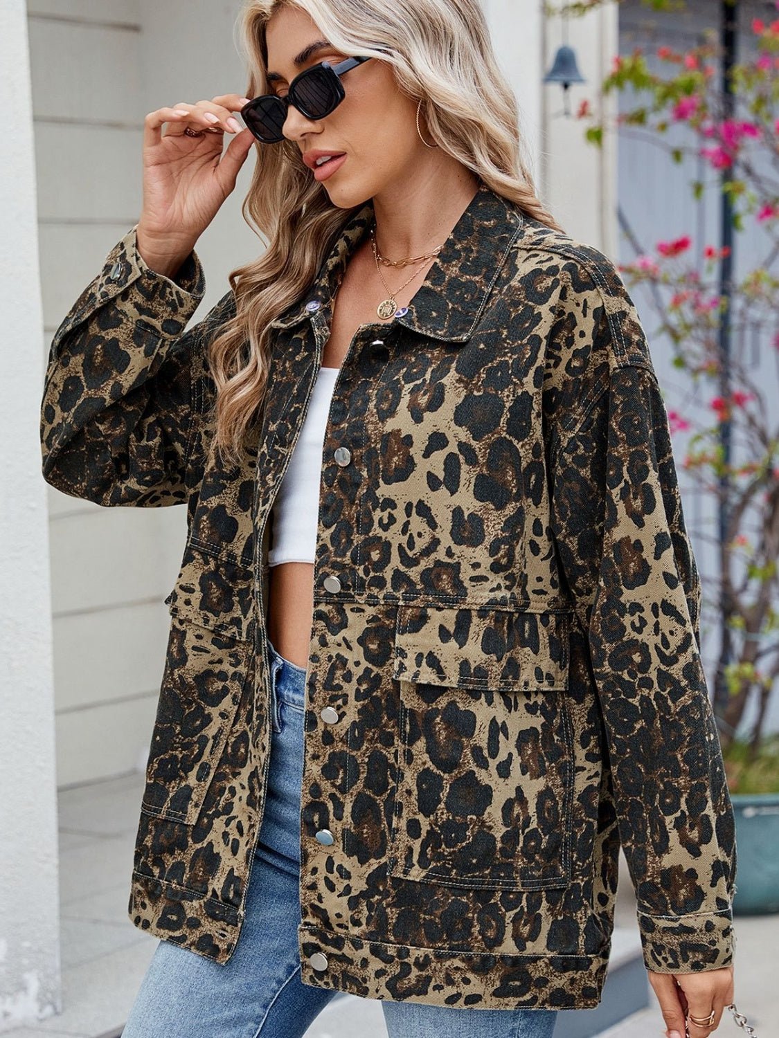 Leopard Button Up Drop Shoulder Denim Jacket - Flip Flop Dynasty