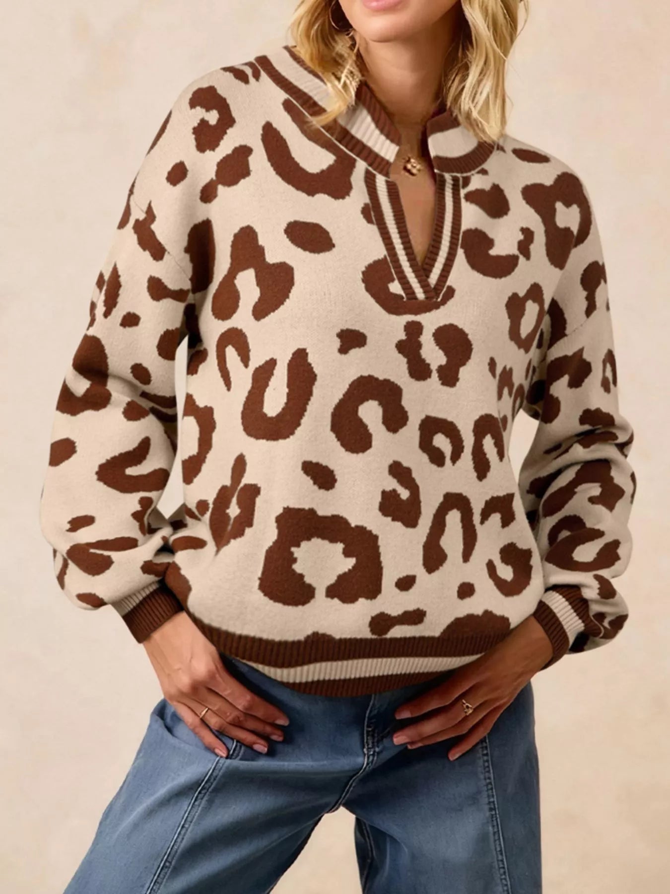 Leopard Knit Notched Casual Sweater - Flip Flop Dynasty