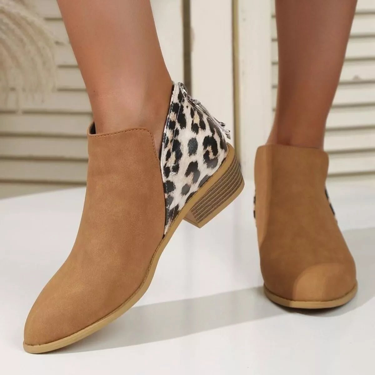 Leopard Point Toe Block Heels Boots - Flip Flop Dynasty