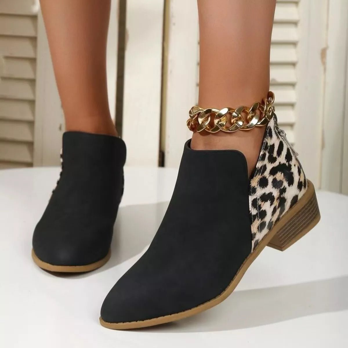 Leopard Point Toe Block Heels Boots - Flip Flop Dynasty