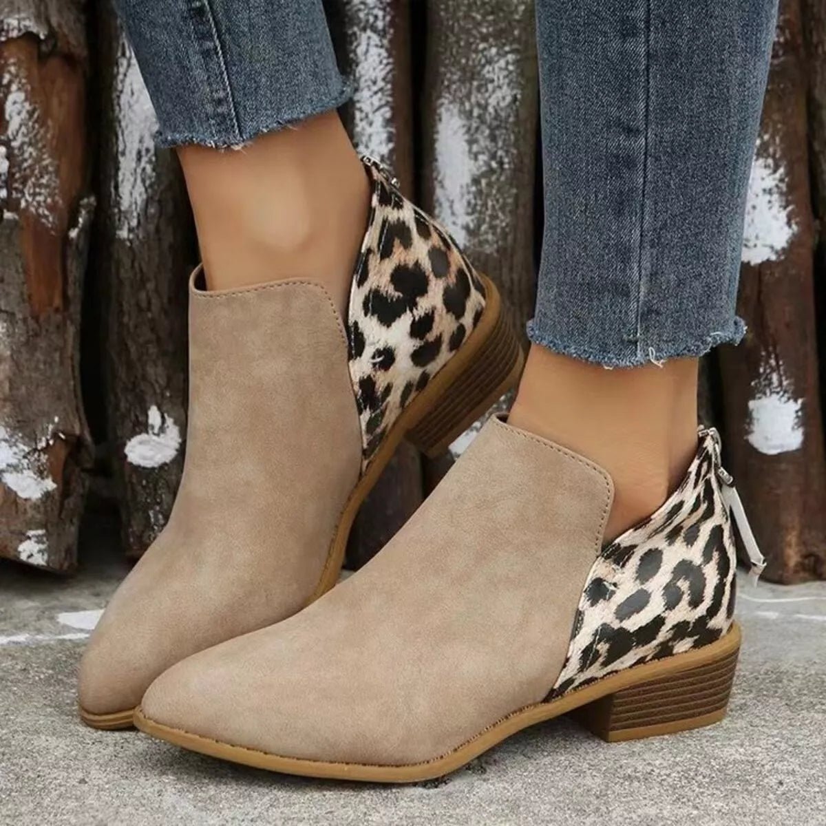 Leopard Point Toe Block Heels Boots - Flip Flop Dynasty