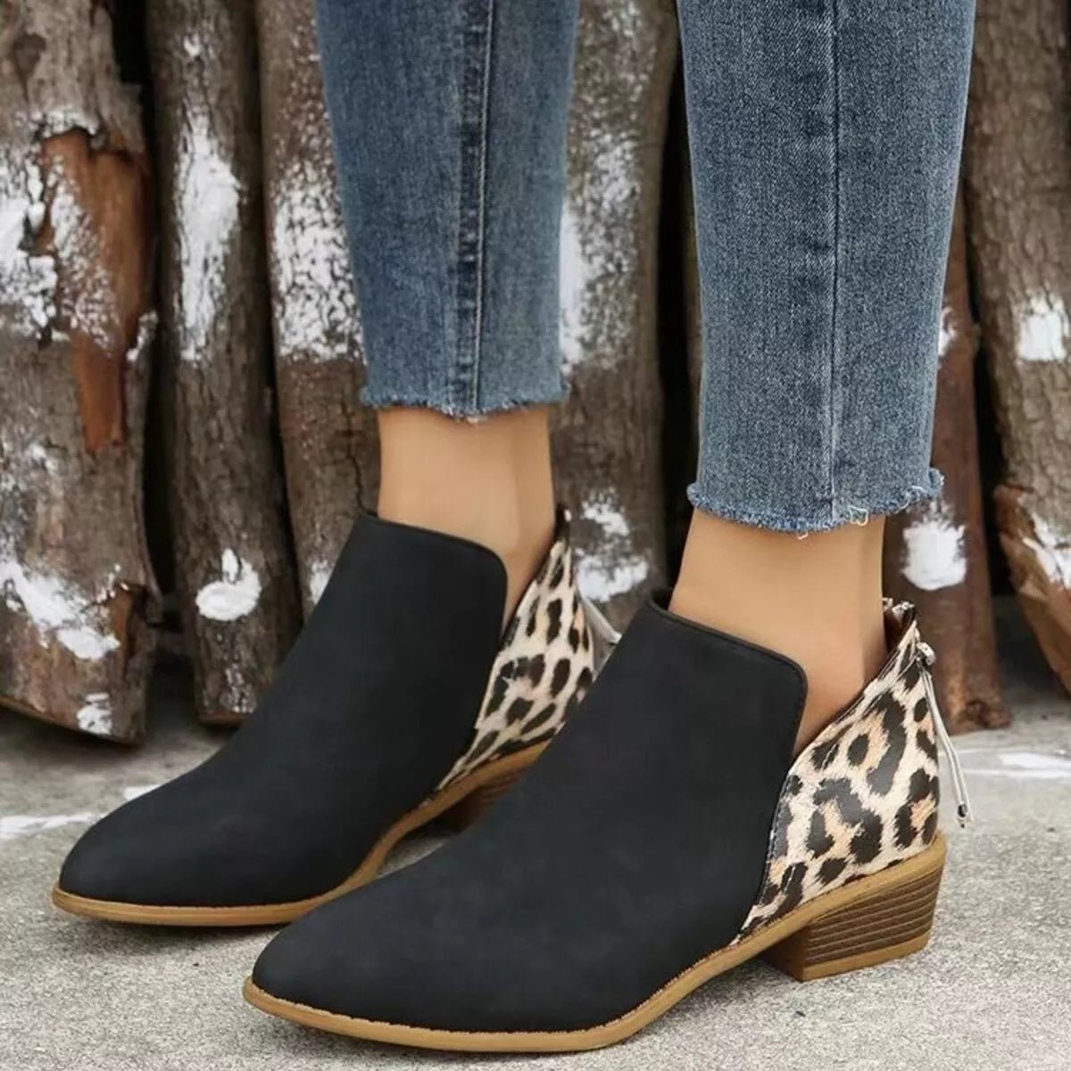 Leopard Point Toe Block Heels Boots - Flip Flop Dynasty