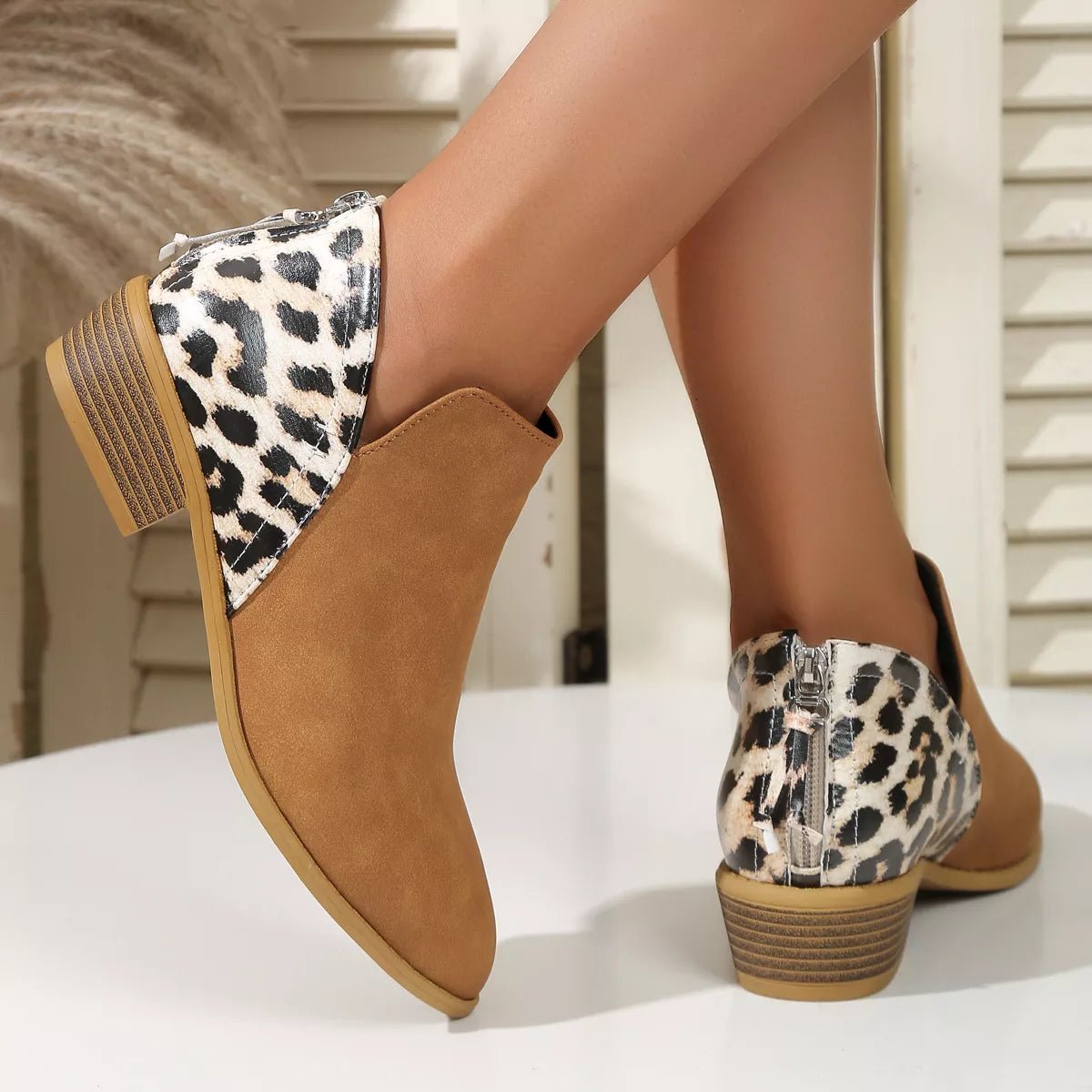 Leopard Point Toe Block Heels Boots - Flip Flop Dynasty